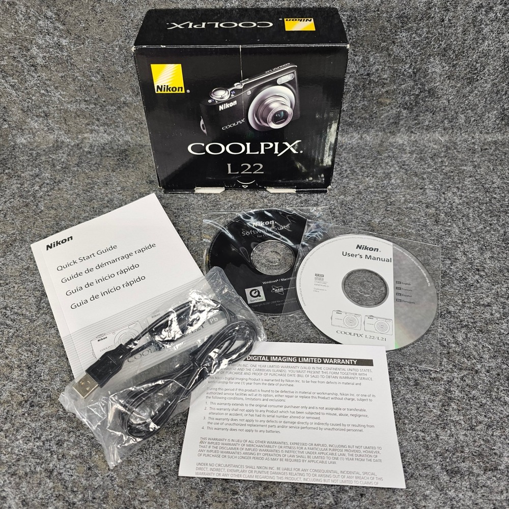 Nikon Coolpix L22 Original Box Manuals CD Software, USB Cable ⚠️ No Camera